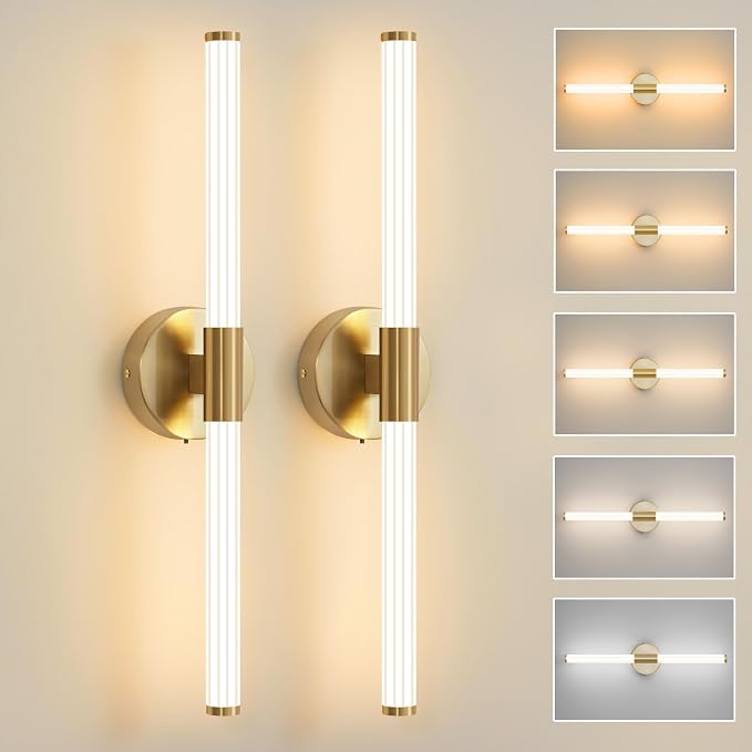 Gold Wall Sconces Set of Two Hardwired LED Vanity Light 23" | Dimmable 5CCT LED Bathroom Light Fixtures, 360° Full Lighting, Modern Vanity Light Bar for Bathroom Mirror