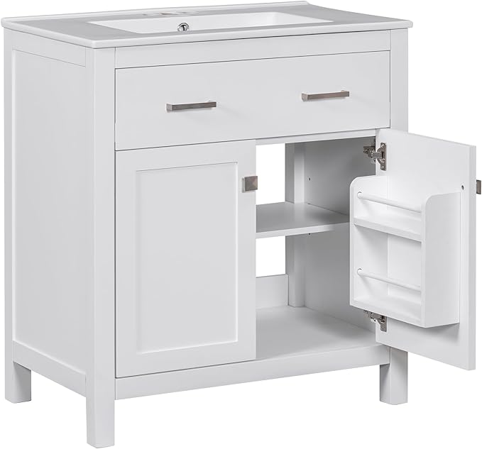 Favfurish 30" Bathroom Vanity with Ceramic Sink,Undermount Single Basin Bath Vanity Set w/1 Flip-Out Drawer and 2 Soft-Close Doors,Modern Solid Wood Storage Cabinet w/Adjustable Shelf,White