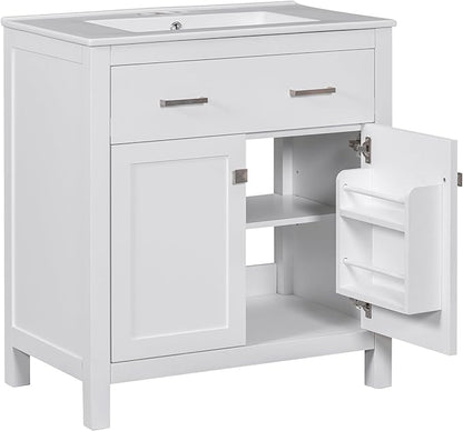 Favfurish 30" Bathroom Vanity with Ceramic Sink,Undermount Single Basin Bath Vanity Set w/1 Flip-Out Drawer and 2 Soft-Close Doors,Modern Solid Wood Storage Cabinet w/Adjustable Shelf,White