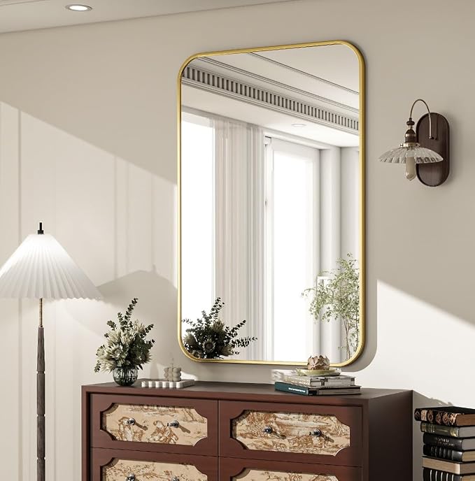 24x36 Inch Gold Bathroom Vanity Mirror for Over Sink | Rectangle Wall Mirror for Bathroom with Round Corner, Hangs Horizontally Vertically for Living Room, Bedroom as Home Decor