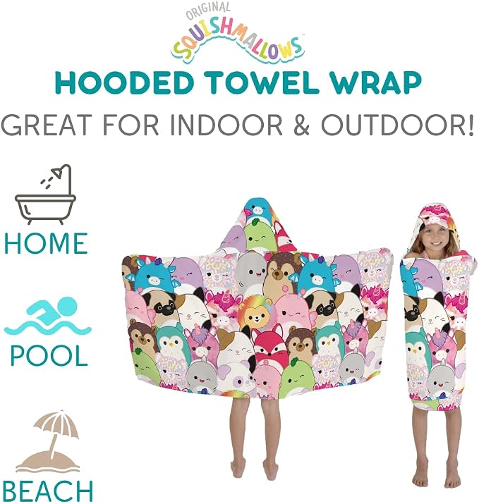 Squishmallows Kids Bath/Pool/Beach Soft Cotton Terry Hooded Towel Wrap, 24 in x 50 in, By Franco