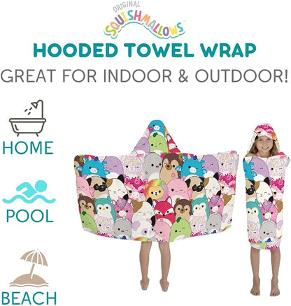 Squishmallows Kids Bath/Pool/Beach Soft Cotton Terry Hooded Towel Wrap, 24 in x 50 in, By Franco