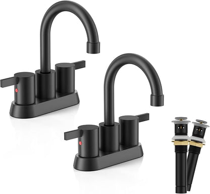 Phiestina 4 Inch 2 Handle Centerset Matte Black Lead-Free Modern Bathroom Faucet 2 Pack, 360 Swivel Spout 2-3 Hole RV Bathroom Vanity Sink Faucet with Pop Up Drain,Water Supply Lines,BF15-1-MB-2PACK