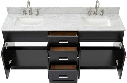 ARIEL Hamlet 72-inch Bathroom Vanity with Sink,Solid Wood, 0.75-inch Italian Carrara Marble Countertop & Backsplash, Double Oval Sink, 4 Soft Closing Doors, 3 Dovetail Drawers, Black