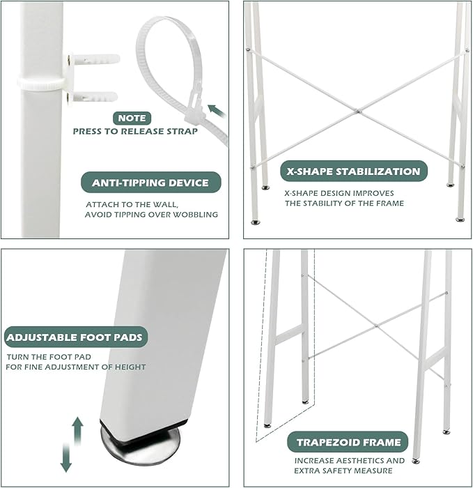Over Toilet Storage Cabinet Organizer for Bathroom, Over Toilet Shelf, Freestanding Space Saver with Adjustable Shelves, Acrylic Sliding Door, Wide Open Shelf, 2 Hooks, Classic White