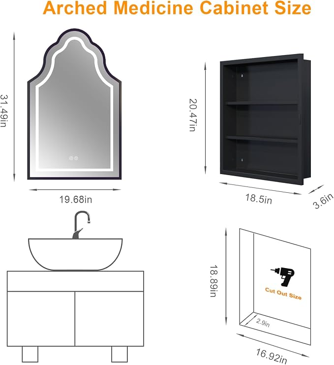 Black Lighted Medicine Cabinet with Mirror, 20''x32'' Surface or Recessed Irregular Bathroom Mirrors with Storage, Anti-Fog Dimmable LED Medicine Cabinet for Bathroom, 3 Color Temperature