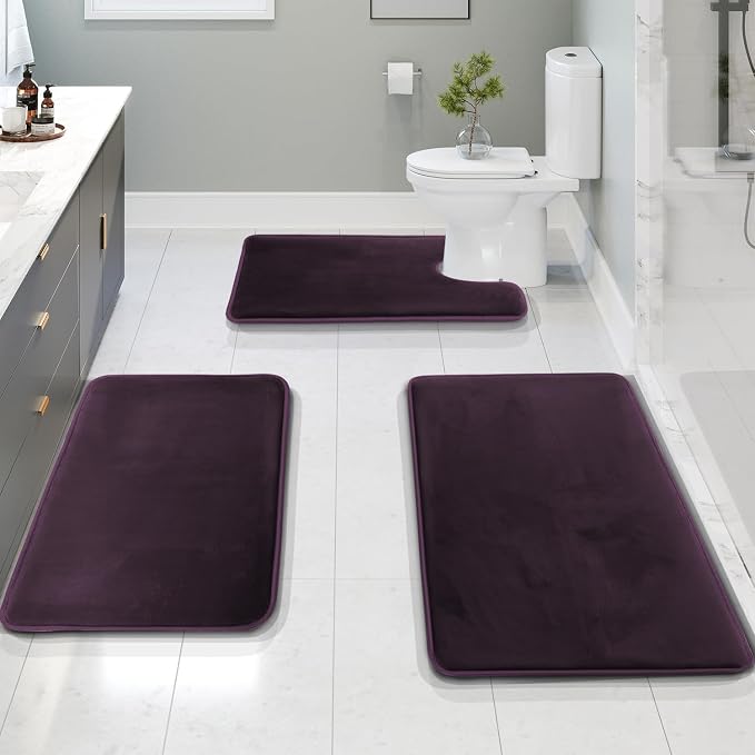 Clara Clark 3 Piece Bathroom Rugs Bath Mat Set, Velvet Memory Foam Bath Mats for Bathroom - Non-Slip, PVC Backing Bath Rugs, Washable - Dries Quickly, Purple