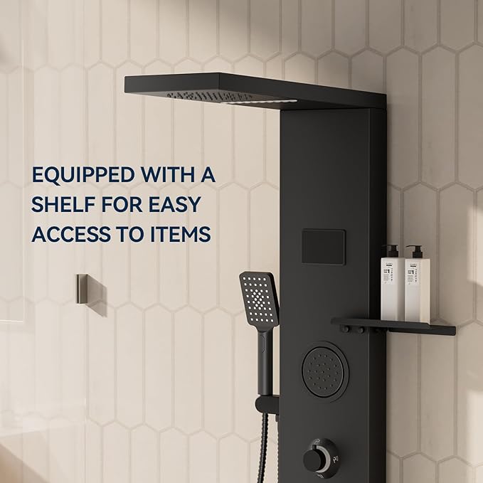 Homevacious 4 In 1 Shower Panel Shelf LED Rainfall Shower Head and Adjustable Massage Body Jets 3-Functions with Handheld Shower Tub Spout Stainless Steel Bathroom Shower Fixtures Matte Black