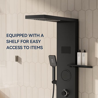 Homevacious 4 In 1 Shower Panel Shelf LED Rainfall Shower Head and Adjustable Massage Body Jets 3-Functions with Handheld Shower Tub Spout Stainless Steel Bathroom Shower Fixtures Matte Black