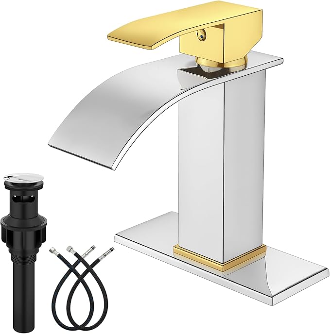 Midanya Waterfall Bathroom Faucet 1 Hole,Polish Gold Handle/Polish Chrome | with 24” Hoses,Pop Up Drain,6” Deck Plate,for 1 or 3 Hole Vanity,Lavatory,RV,Single Handle Bathroom Sink Faucet,NSF Certified