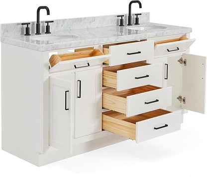 ARIEL Hepburn 66-inch Bathroom Vanity with Sink,Solid Wood, 1.5-inch Italian Carrara Marble Countertop & Backsplash, Double Oval Porcelain Sink, 4 Soft Closing Doors, 6 Dovetail Drawers, White