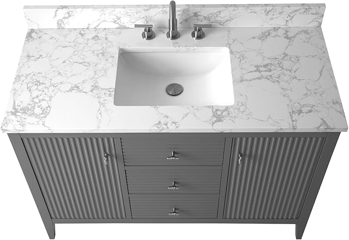 HOMEBEYOND 48" Bathroom Vanity with Sink, Solid Wood Bathroom Vanity Free-Standing Cabinet, Drawers, Ceramic Top & Soft Closing Door, Golden Brushed Handware, Cashmere Gray