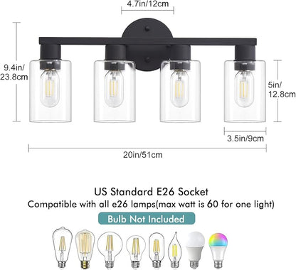 4 Light Bathroom Vanity Light, Matte Black Bathroom Light Fixtures with Clear Glass Shade, 4-Light Vanity Lights, Black Lighting Fixtures for Bath Mirror Bedroom Living Room Hallway Porch