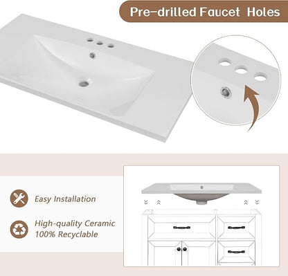 36 Inch Bathroom Vanities with Undermount Ceramic Sink, Storage Cabinet with Soft Closing Doors and Three Drawers, Solid Wood Frame, White
