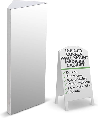 Renovators Supply Infinity Corner Medicine Cabinet with Mirror - Triple Shelf Storage Cabinet - Modern Wall Mount Medicine Cabinet - 31.5 in., Left Open, Brushed Stainless Steel, Pack of 1
