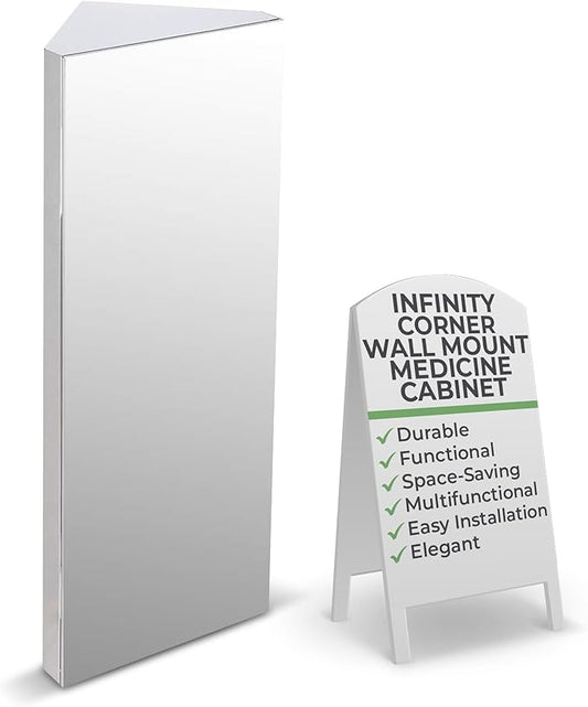 Renovators Supply Infinity Corner Medicine Cabinet with Mirror - Triple Shelf Storage Cabinet - Modern Wall Mount Medicine Cabinet - 31.5 in., Left Open, Brushed Stainless Steel, Pack of 1