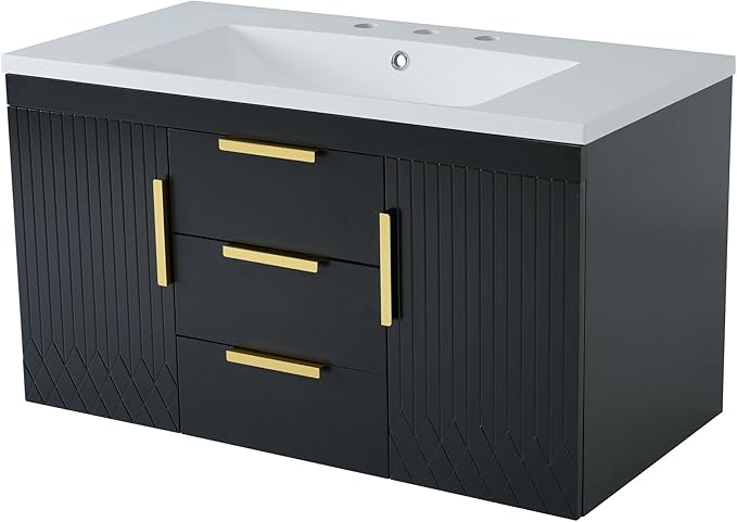 72'' Wall Mounted Bathroom Vanity, Floating Storage Vanity Cabinet with 2 Drawers, Solid Wood Bathroom Cabinet, Black