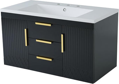 36'' Wall Mounted Bathroom Vanity with Resin Sink, Floating Storage Cabinet with 2 Drawers, Solid Wood Cabinet for Bathroom, Black