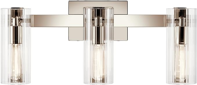 Kichler Jemsa 3 Light Vanity, Modern Light with Clear Fluted Glass in Polished Nickel for Bathroom or Powder Room (9.75" x 22.75"), 55168PN