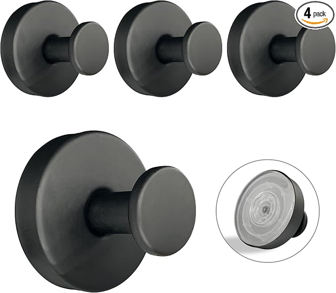 Suction Cup Hooks for Shower - 4 Pack, Matte Black - Stainless Steel, Strong Suction, No Drill, Removable Hanger, Tile Bathroom Kitchen Wall, Glass Door, Mirror Hook Hanging Robe, Towel Holder