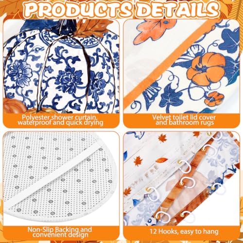 FuWeave 8 Pcs Fall Pumpkin Shower Curtain Set for Bathroom Decor Include Blue and White Chinoiserie Autumn Shower Curtain Harvest Floral Towels Non Slip Rugs Toilet Lid Cover Bath Mat and 12 Hooks