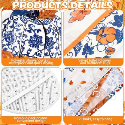 FuWeave 8 Pcs Fall Pumpkin Shower Curtain Set for Bathroom Decor Include Blue and White Chinoiserie Autumn Shower Curtain Harvest Floral Towels Non Slip Rugs Toilet Lid Cover Bath Mat and 12 Hooks