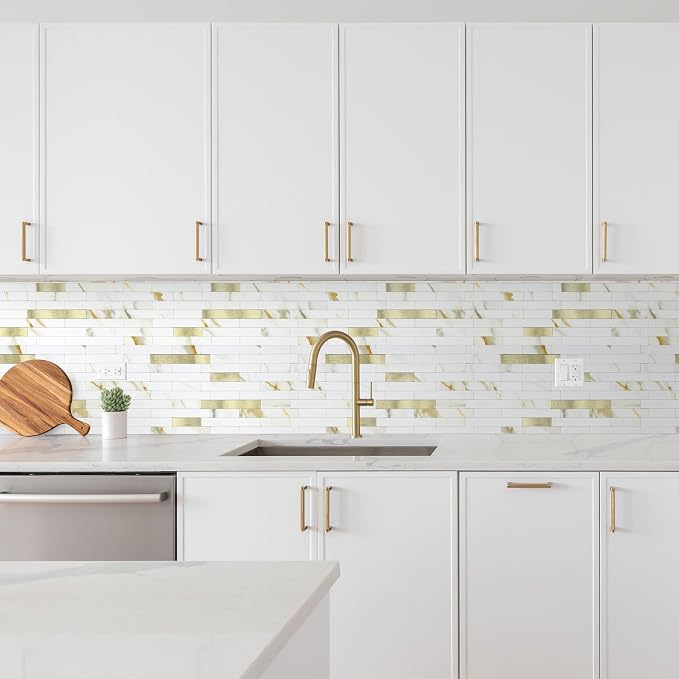 1 - Sheet Peel and Stick Backsplash Wall Tile, PVC Kitchen Backsplash, Stick on Tiles for Backsplash Kitchen (12'' X 12'', White with Gold)
