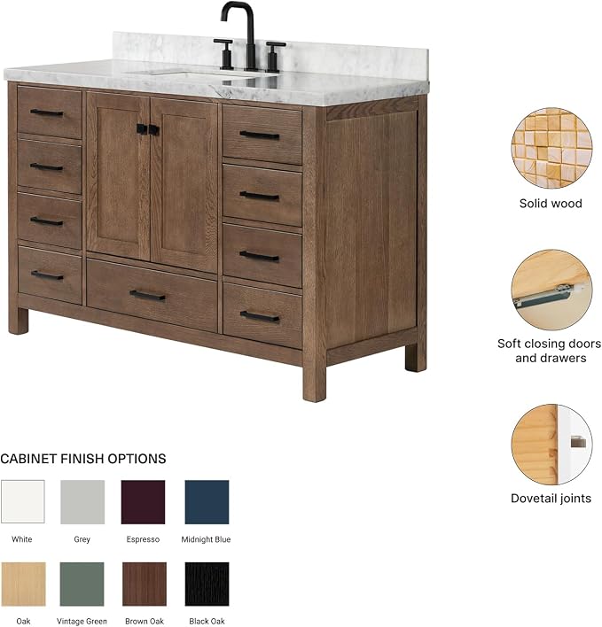 DKB Beckford 54-Inch Brown Oak Single Bathroom Vanity with Sink, 1.5-Inch Edge Italian Carrara Marble Countertop & 4" Backsplash, Soft-Closing Doors & Drawers, Solid Oak Wood Construction