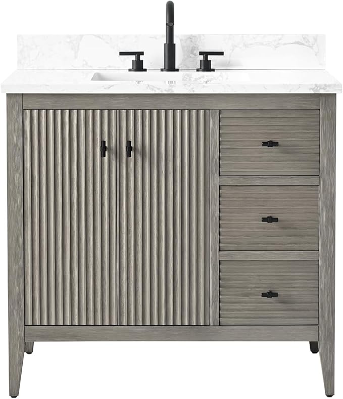Vanity Art 36 inch Bathroom Vanity with Single Sink & Ceramic Top, Vanity Cabinet with Soft-Closing Door, Solid Wood Frame, Linear Pattern, Driftwood Gray, VA9136-DG-MB,Matte Black Handles