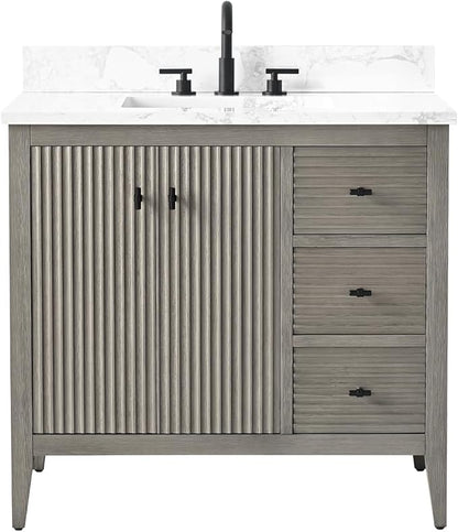 Vanity Art 36 inch Bathroom Vanity with Single Sink & Ceramic Top, Vanity Cabinet with Soft-Closing Door, Solid Wood Frame, Linear Pattern, Driftwood Gray, VA9136-DG-MB,Matte Black Handles