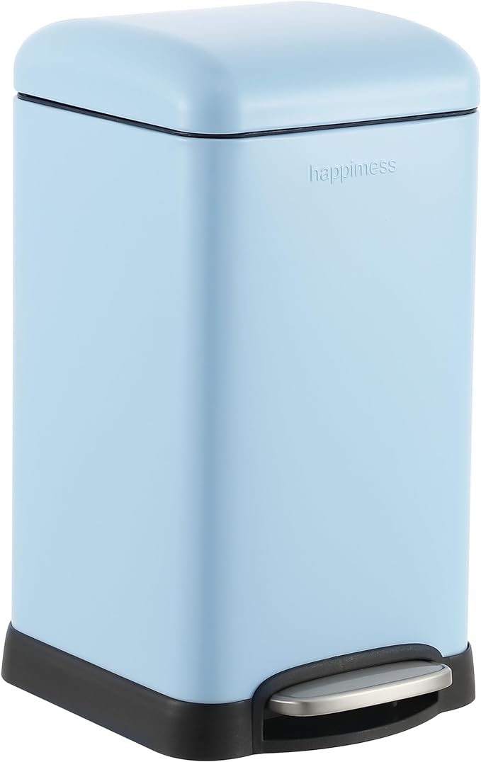 happimess Betty Retro Mini 3.2 Gal Step Trash Can, Tide Pool Blue | Soft-Close Lid, Removable Liner, Iron, Hands-Free Pedal, Satin Finish, Non-Skid Base, Built-In Damper, Modern, Minimalistic