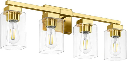 27” Bathroom Light Fixtures Over Mirror, 4-Light Gold Vanity Light | Square Clear Glass & Durable Metal, Quick & Easy Installation, Standard E26 Socket, Bright Bathroom Lighting