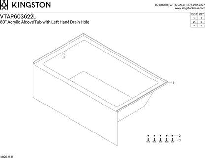 Kingston Brass Aqua Eden VTAP603622L 60-Inch Acrylic Alcove Tub with Left Hand Drain, White