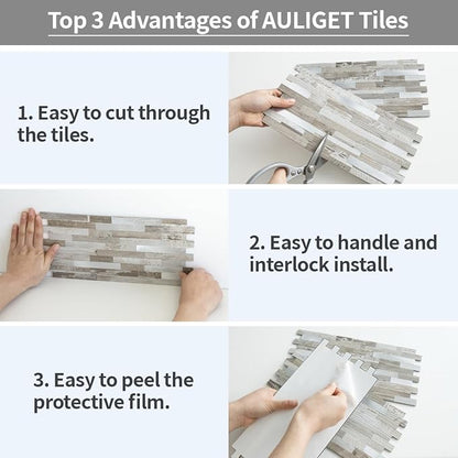 AULIGET Peel and Stick Backsplash, Coffee & Brown Wood Look PVC Mixed Metal Stick on Bathroom Backsplash, 2