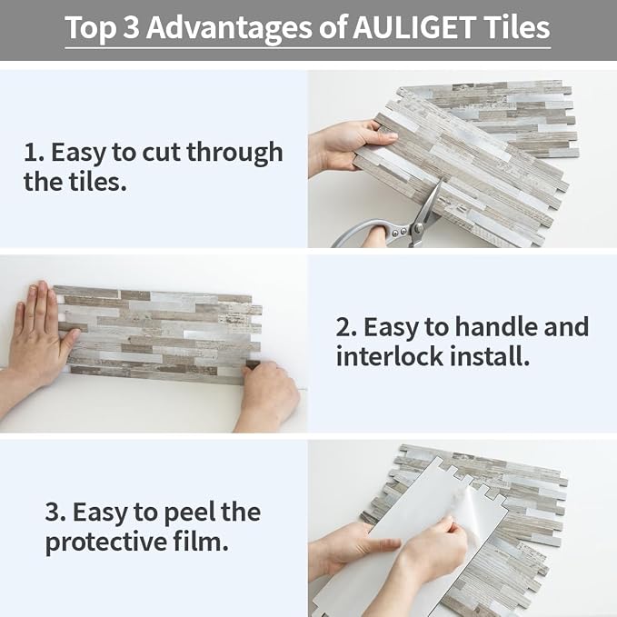 AULIGET 20 Sheets Peel and Stick Backsplash, Coffee & Brown Wood Look PVC Mixed Metal Stick on Backsplash Tiles for Kitchen