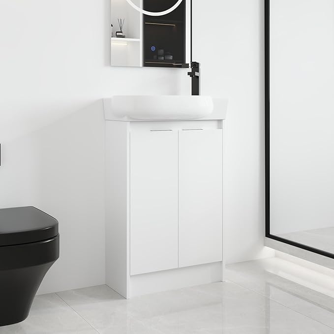 Malwee 23 Inch Freestanding Bathroom Vanity with Sink, 23'' Floor Stand Single Sink Bathroom Vanity Combo, Modern White Cabinet Set with 2 Doors and Ceramics Basin Top, Ajustable Shelf.MA02923GWH