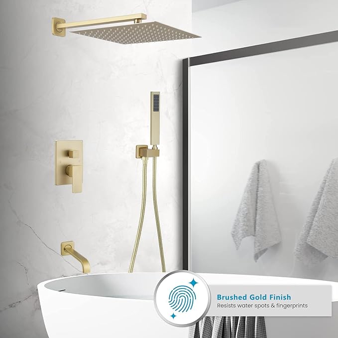 Brushed Gold Rain Shower System Tub Shower Faucet Set 12 Inch Square Rainfall Shower Head with Handheld Sprayer and Tub Spout Rough-in Valve Shower Mixer Combo Kit