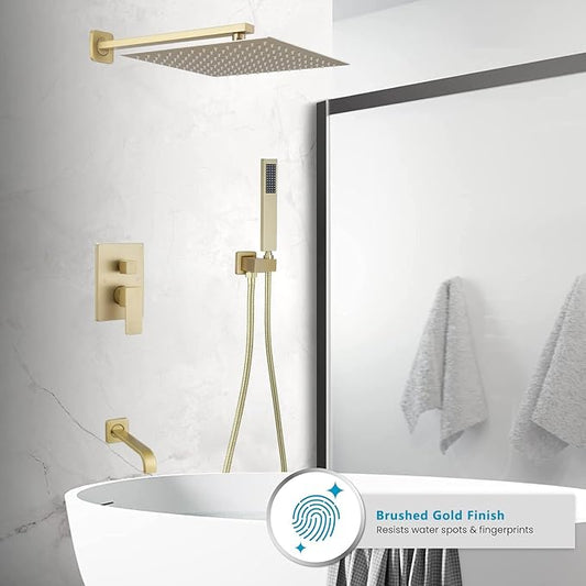 Brushed Gold Rain Shower System Tub Shower Faucet Set 12 Inch Square Rainfall Shower Head with Handheld Sprayer and Tub Spout Rough-in Valve Shower Mixer Combo Kit