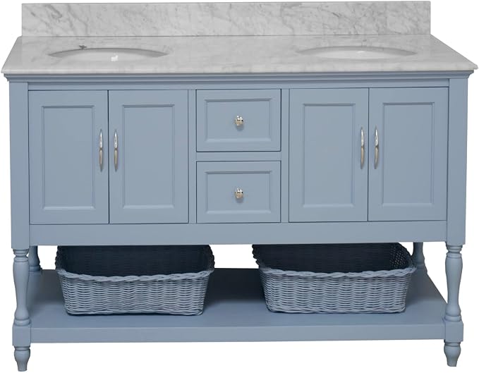 Beverly 60-inch Double Bathroom Vanity (Carrara/Powder Blue): Includes Powder Blue Cabinet with Authentic Italian Carrara Marble Countertop and White Ceramic Sinks
