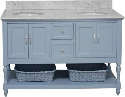 Beverly 60-inch Double Bathroom Vanity (Carrara/Powder Blue): Includes Powder Blue Cabinet with Authentic Italian Carrara Marble Countertop and White Ceramic Sinks