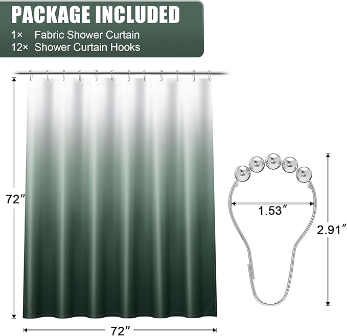 OLANLY Luxury Blackish Green and White Ombre Shower Curtain Sets with 12 Hooks, Waterproof and Washable Decorative Shower Curtains for Bathroom, 72x72 Inches