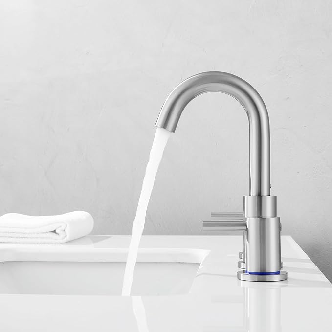 Brushed Nickel Bathroom Faucet 3 Hole, 2 Handle Bathroom Sink Faucet, 8 Inch Widespread Bathroom Faucets, Stainless Steel Vanity Faucet for Bathroom Sink with Pop Up Drain, AML-21754-BN