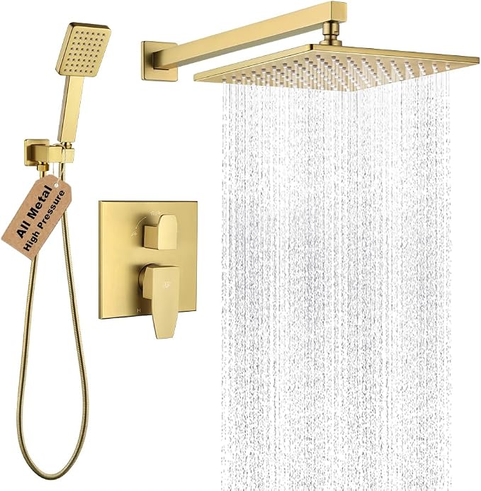 Shower Faucet Set Brushed Gold Rainfall 10 Inch Shower Head and Handle Set Bathroom Rain Shower System Wall Mounted Shower Fixture Shower Valve and Trim Kit