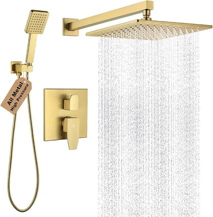Shower Faucet Set Brushed Gold Rainfall 10 Inch Shower Head and Handle Set Bathroom Rain Shower System Wall Mounted Shower Fixture Shower Valve and Trim Kit