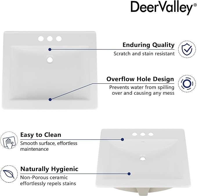 DeerValley 21x18 Inch Rectangular Ceramic Drop-in Bathroom Sink, Under Counter Vessel Sink with Overflow, White Vanity Basin, DV-1DS0122