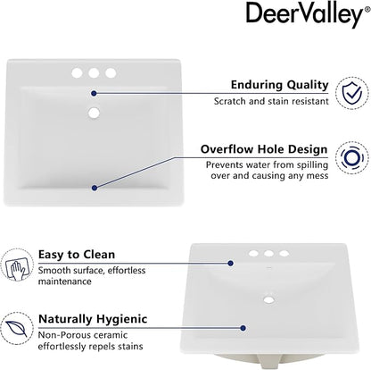 DeerValley 21x18 Inch Rectangular Ceramic Drop-in Bathroom Sink, Under Counter Vessel Sink with Overflow, White Vanity Basin, DV-1DS0122