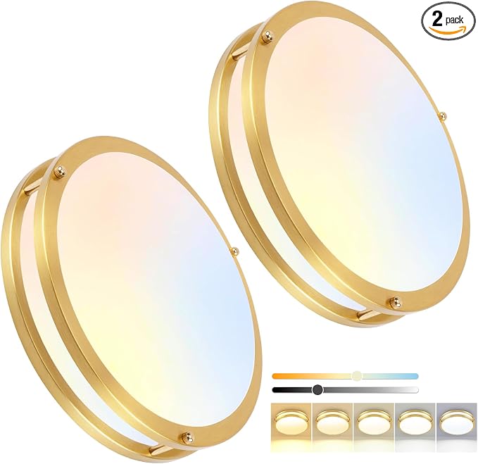 13inch LED Flush Mount Ceiling Light Fixture Dimmable Gold, Easy Install LED Ceiling Lamp Fixture Without Flicker, Super Bright 36W 3600LM 5CCT Warm to White Light 3000K to 6000K 2-Pack