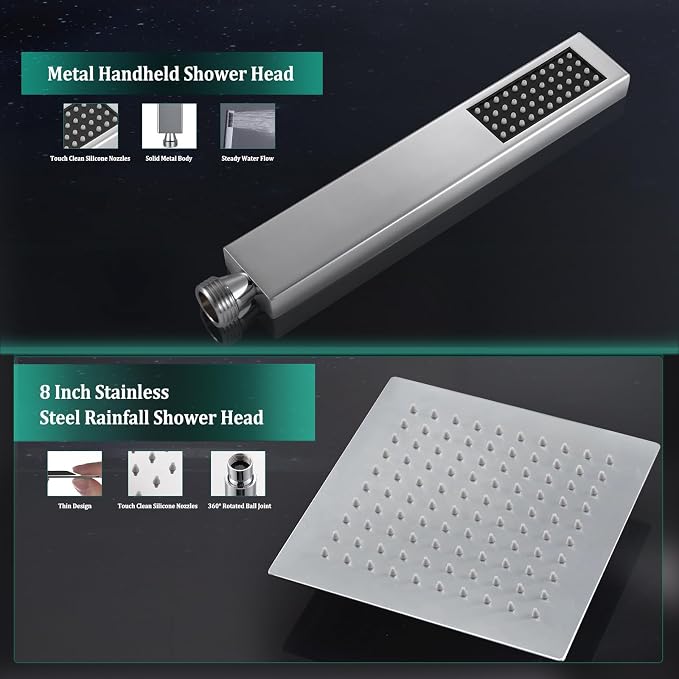 All Metal For California Rain Shower Head with Handheld Spray Combo, YDmeet 8 Inch Rainfall Shower Head, Stainless Steel Handheld, 3 Way Diverter, Adjustable Extended Arm, 71" Long Hose, Chrome