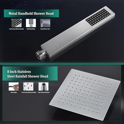 All Metal For California Rain Shower Head with Handheld Spray Combo, YDmeet 8 Inch Rainfall Shower Head, Stainless Steel Handheld, 3 Way Diverter, Adjustable Extended Arm, 71" Long Hose, Chrome