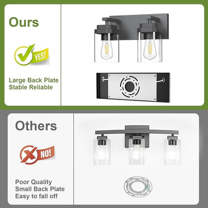Black Bathroom Light Fixtures, 2 Lights Bathroom Lighting Fixtures Over Mirror, Square Design & Rectangle Large Backplate, Modern Vanity Lighting Fixtures, for Bathroom/Living Room/Bedroom